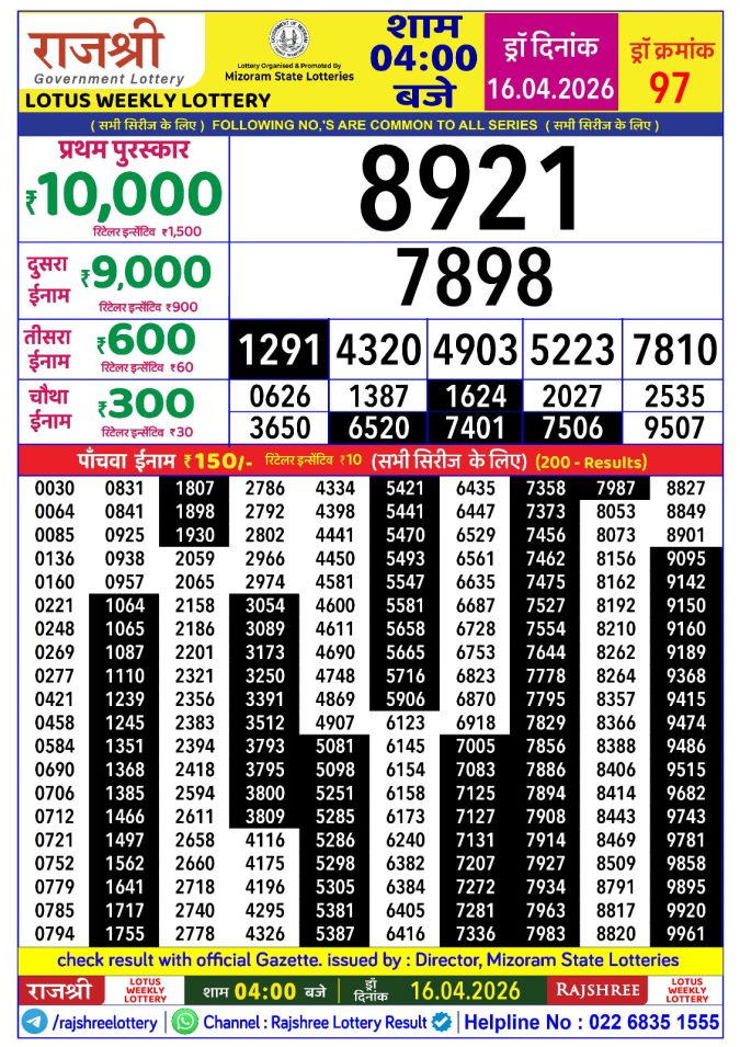 Rajshree Lotus Weekly Lottery 4pm Result 16 April 2026 Rajshree Lottery Result Today