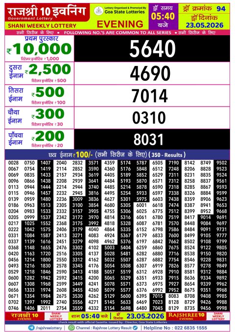 Rajshree Lottery Result Today