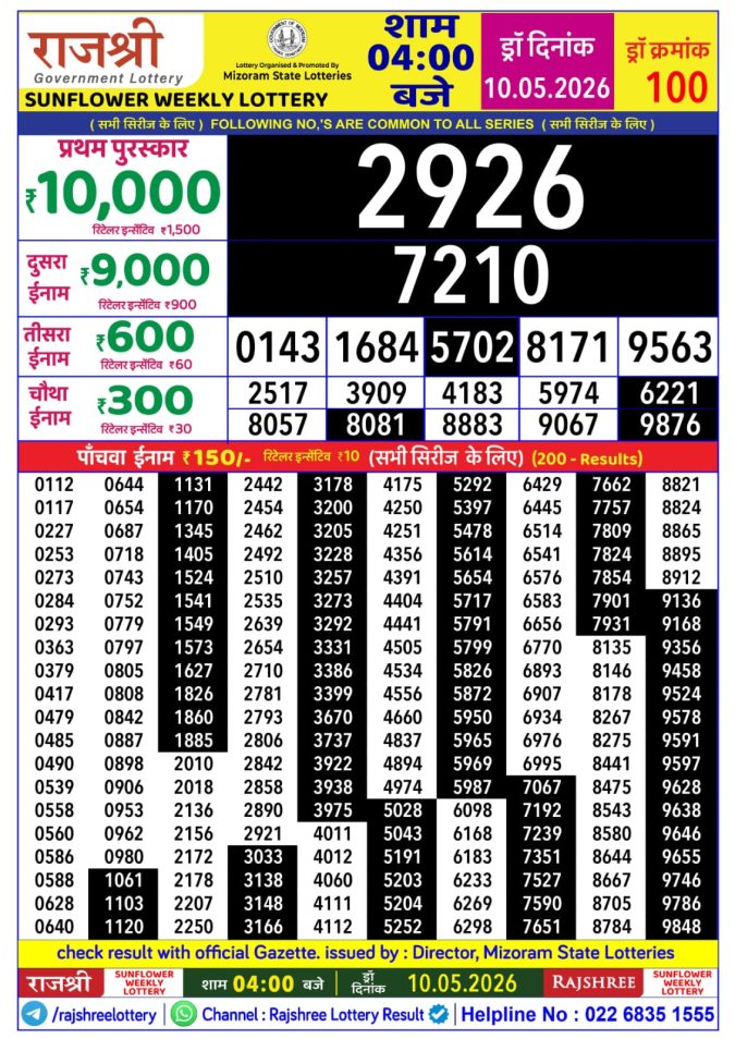 Rajshree Sunflower Weekly Lottery 4pm Result 10 May 2026 Rajshree Lottery Result Today
