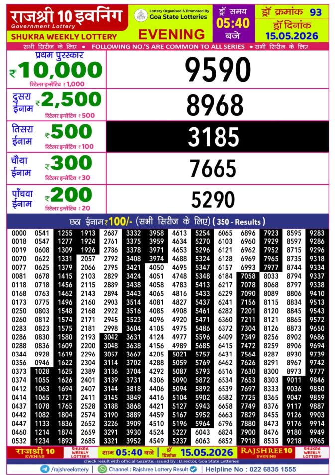 Rajshree 10 Evening Shukra Weekly Lottery 5.40pm Result 15 May 2026 Rajshree Lottery Result Today