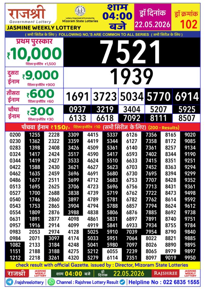 Rajshree Jasmine Weekly Lottery 4pm Result 22 May 2026 Rajshree Lottery Result Today