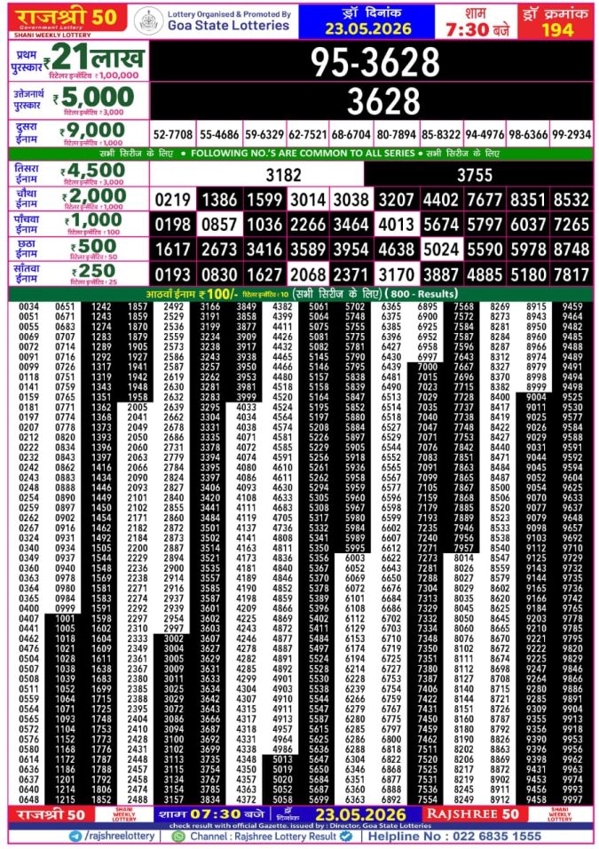 Rajshree 50 Shani Weekly Lottery 7:30pm Result 23 May 2026 Rajshree Lottery Result Today