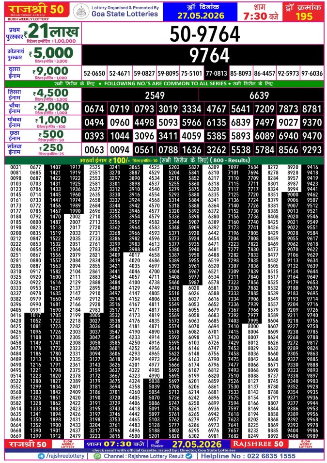 Rajshree 50 Budh Weekly Lottery 7:30pm Result 27 May 2026 Rajshree Lottery Result Today