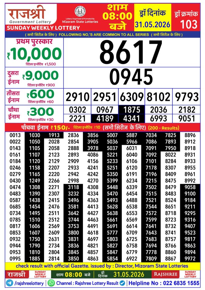 Rajshree Sunday Weekly Lottery 8pm Result 31 May 2026 Rajshree Lottery Result Today