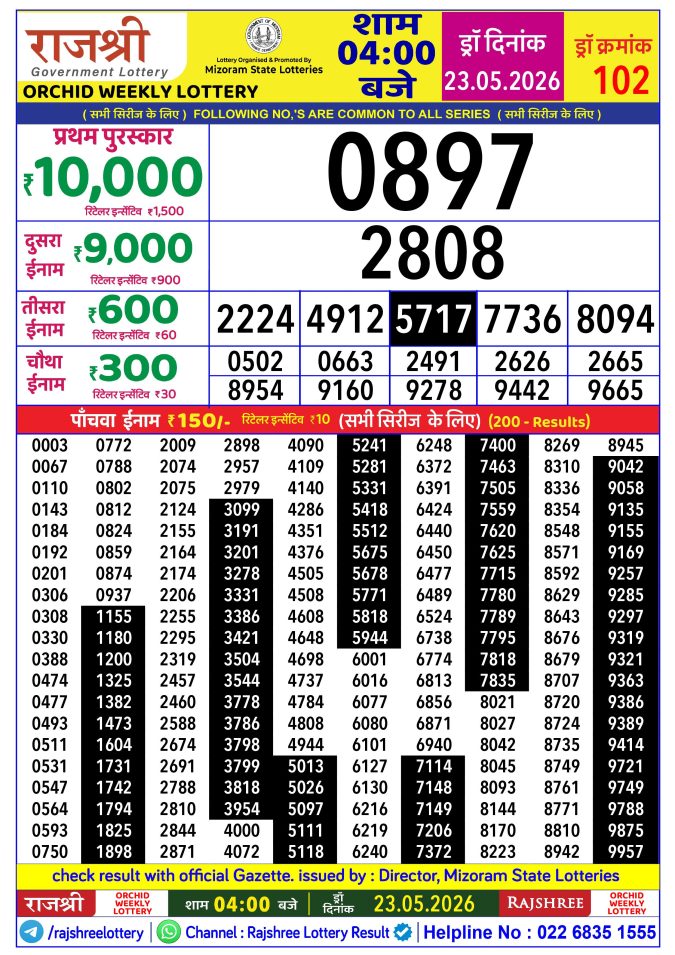 Rajshree Orchid Weekly Lottery 4pm Result 23 May 2026 Rajshree Lottery Result Today