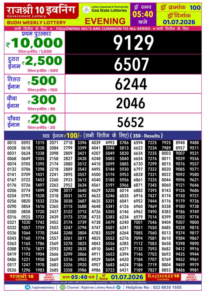 Rajshree 10 Evening Budh Weekly Lottery 5.40pm Result 01 July 2026 Rajshree Lottery Result Today