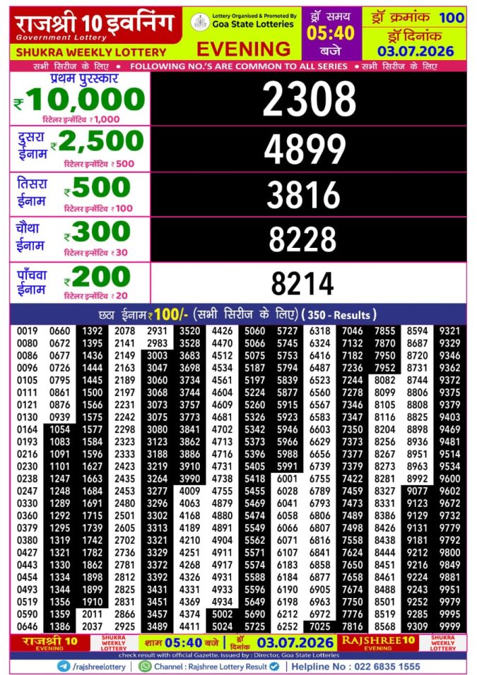 Rajshree 10 Evening Shukra Weekly Lottery 5.40pm Result 03 July 2026 Rajshree Lottery Result Today