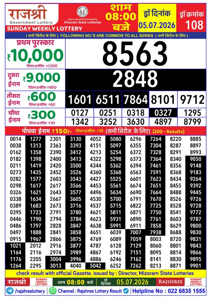 Rajshree Sunday Weekly Lottery 8pm Result 05 July 2026 Rajshree Lottery Result Today