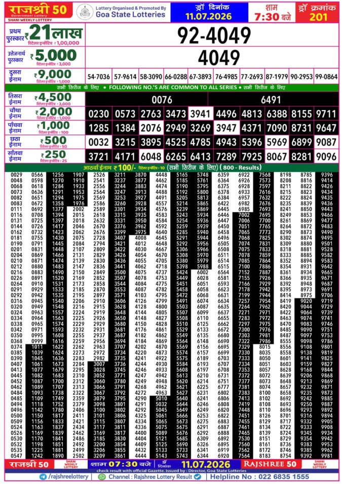Rajshree 50 Shani Weekly Lottery 7:30pm Result 11 July 2026 Rajshree Lottery Result Today