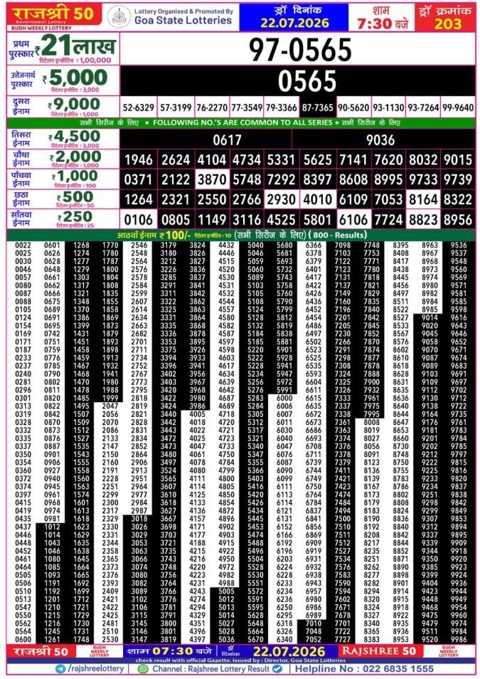 Rajshree 50 Budh Weekly Lottery 7:30pm Result 22 July 2026 Rajshree Lottery Result Today