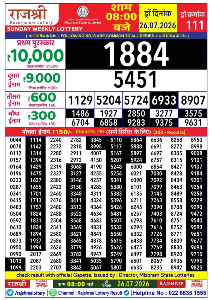 Rajshree Sunday Weekly Lottery 8pm Result 26 July 2026 Rajshree Lottery Result Today