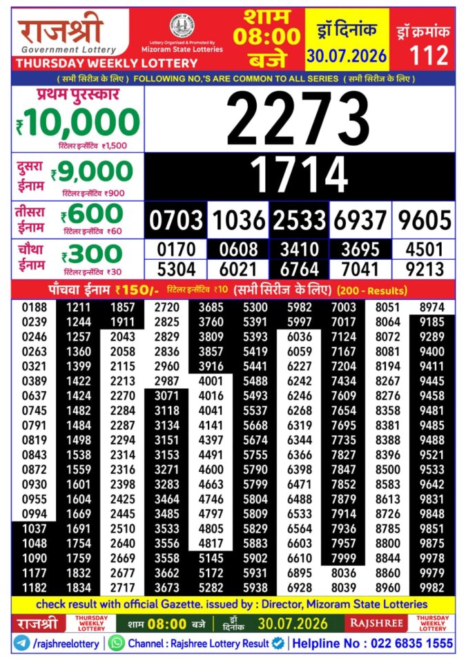 Rajshree Thursday Weekly Lottery 8pm Result 30 July 2026 Rajshree Lottery Result Today