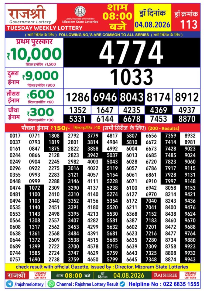 Rajshree Tuesday Weekly Lottery 8pm Result 04 August 2026 Rajshree Lottery Result Today