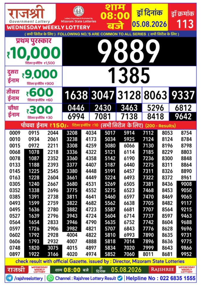Rajshree Wednesday Weekly Lottery 8pm Result 05 August 2026 Rajshree Lottery Result Today