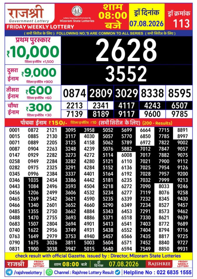 Rajshree Friday Weekly Lottery 8pm Result 07 August 2026 Rajshree Lottery Result Today