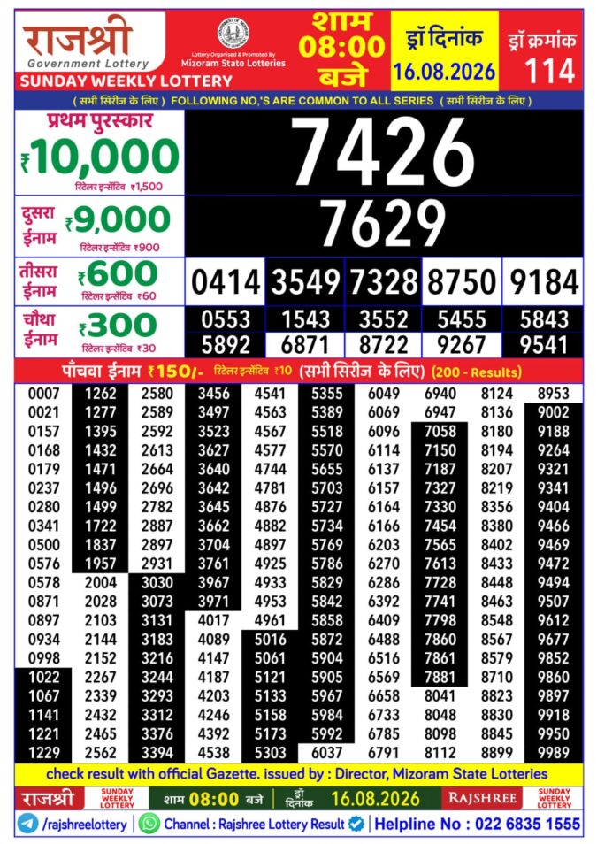 Rajshree Sunday Weekly Lottery 8pm Result 16 August 2026 Rajshree Lottery Result Today