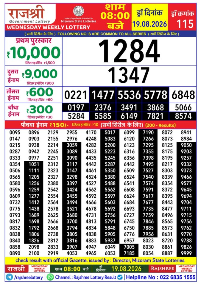 Rajshree Wednesday Weekly Lottery 8pm Result 19 August 2026 Rajshree Lottery Result Today
