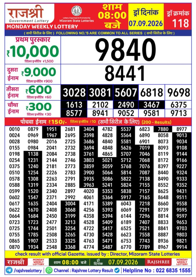 Rajshree Monday Weekly Lottery 8pm Result 07 September 2026 Rajshree Lottery Result Today