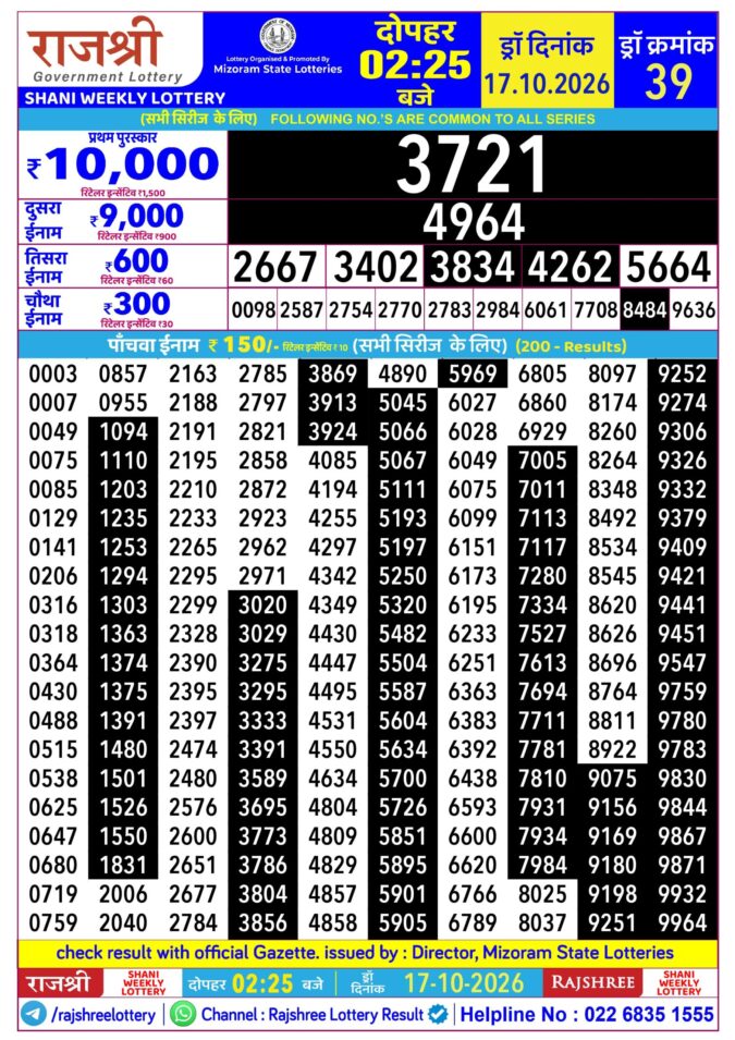 Rajshree Shani Weekly Lottery 2.25pm Result 17 October 2026 Rajshree Lottery Result Today