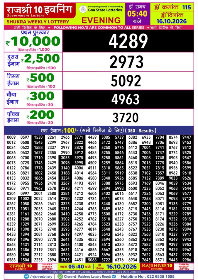 Rajshree 10 Evening Shukra Weekly Lottery 5.40pm Result 16 October 2026 Rajshree Lottery Result Today