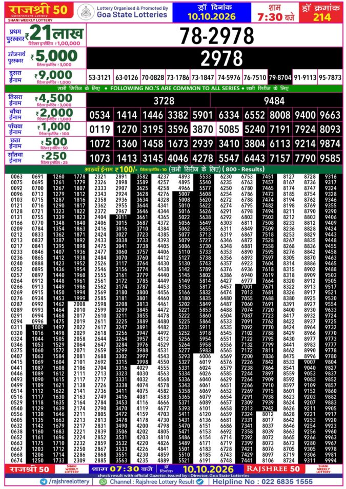 Rajshree 50 Shani Weekly Lottery 7:30pm Result 10 October 2026 Rajshree Lottery Result Today