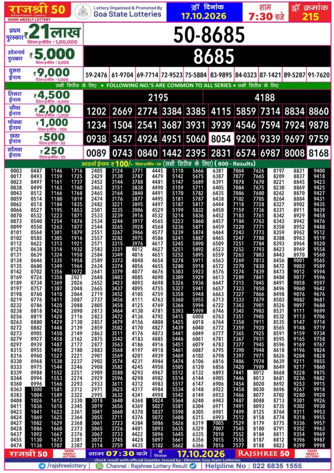 Rajshree 50 Shani Weekly Lottery 7:30pm Result 17 October 2026 Rajshree Lottery Result Today