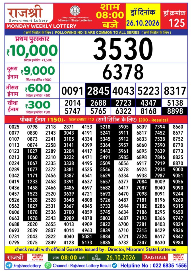 Rajshree Monday Weekly Lottery 8pm Result 26 October 2026 Rajshree Lottery Result Today