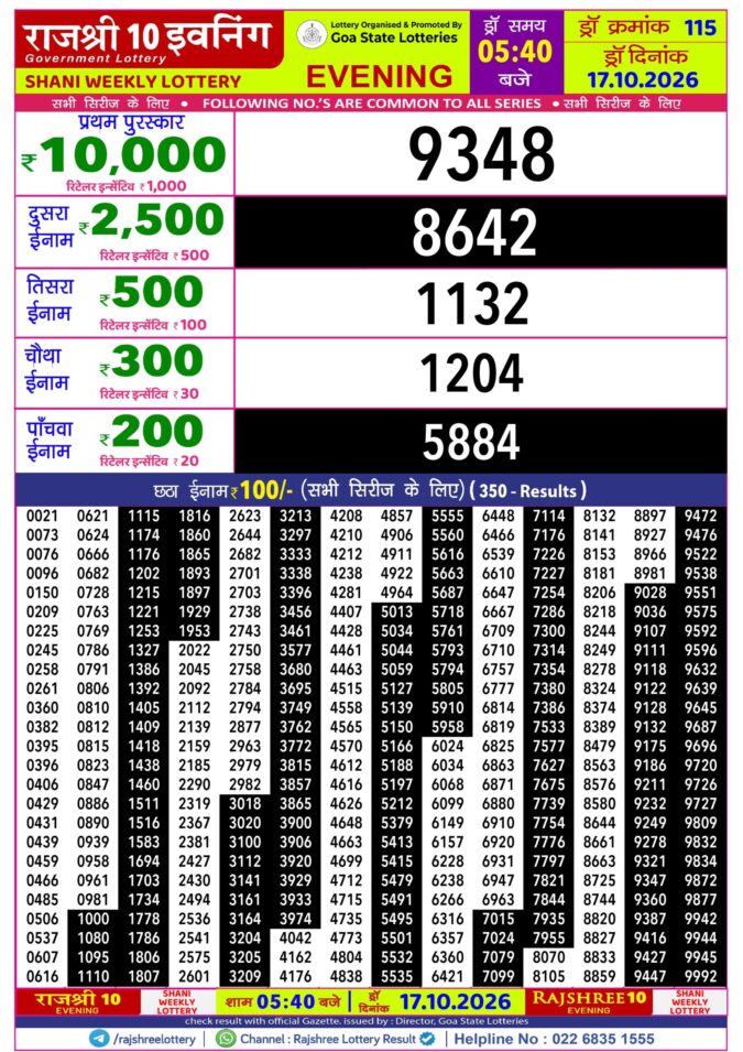 Rajshree 10 Evening Shani Weekly Lottery 5.40pm Result 17 October 2026 Rajshree Lottery Result Today